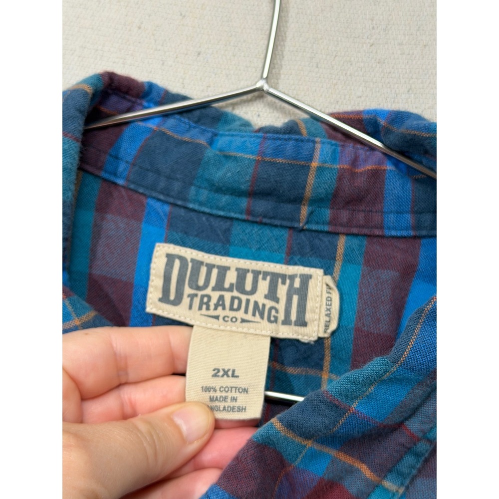 Duluth Trading Co Flannel Shirt Mens 2XL Blue Maroon Plaid Relaxed Fit - Picture 7 of 9
